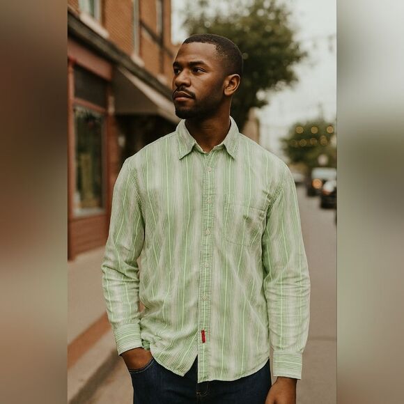 Chaps Green White Stripe Button Down Shirt L Long Sleeve Classic Fit Preppy - Picture 1 of 6